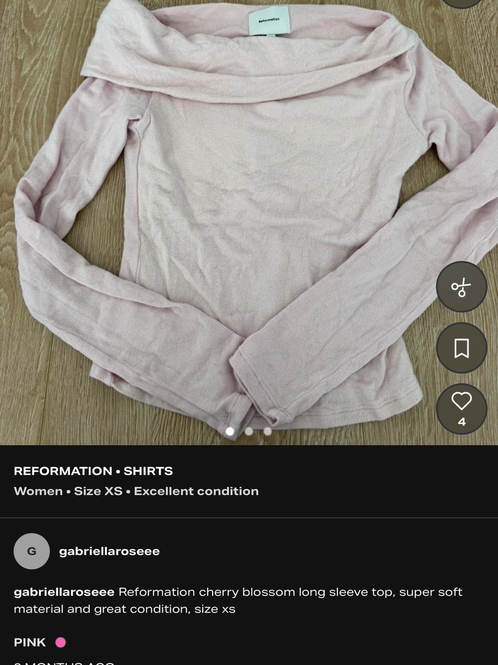 Reformation Blush Pink Off-the-Shoulder Long Sleeve Top